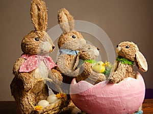 Bunny family easter decoration - four rabbits and chicken
