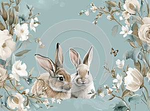 Bunny in flower field butterfly soars in sky against blue background. Generated AI