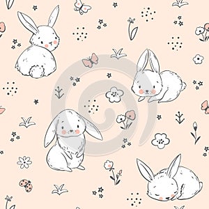 Bunny with flowers seamless pattern