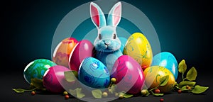 bunny and four easter eggs in cmyk colors - 3d rendering