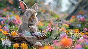 bunny in front of a basket of easter eggs, in the style of photorealistic art, ray tracing, photo-realistic landscapes