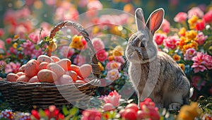 bunny in front of a basket of easter eggs, in the style of photorealistic art, ray tracing, photo-realistic landscapes