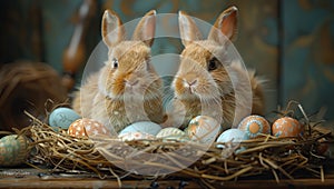 bunny in front of a basket of easter eggs, in the style of photorealistic art, ray tracing, photo-realistic landscapes