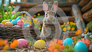 bunny in front of a basket of easter eggs, in the style of photorealistic art, ray tracing, photo-realistic landscapes