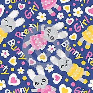Bunny girl, flowers, and love shape seamless pattern