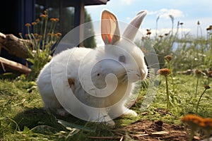 Bunny graze a white rabbit nibbles on the grassy lawn