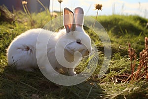 Bunny graze a white rabbit nibbles on the grassy lawn