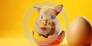 Bunny hatching from Easter egg on yellow background.