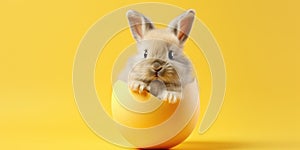 Bunny hatching from Easter egg on yellow background.