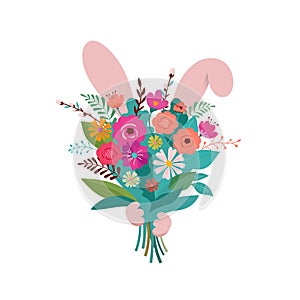 Bunny is hiding behind the flower bouquet. Spring and Easter concept illustration