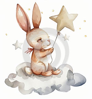 Bunny Holding Balloon Watercolor Painting