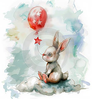 Bunny Holding Balloon Watercolor Painting