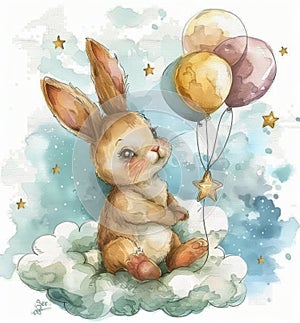 Bunny Holding Balloon Watercolor Painting