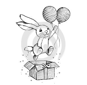 Bunny holding balloons jumping out of the box sketch, hand drawn in doodle style