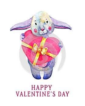 Bunny holding hear shape box. Saint Valentines day design template. Hand drawn watercolor illustration