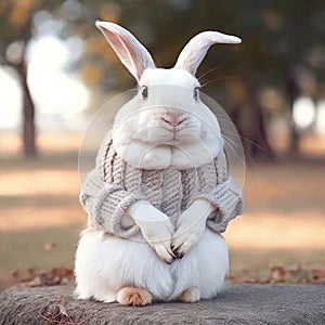 Bunny with light sweater in the forest, photorealistic style