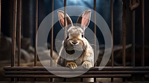 Bunny locked in cage. Lonely rabbit in captivity behind a fence with sad look. Concept of animal rights, wildlife