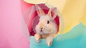 bunny looking up in pastel color paper side torn hole isolated. Generative Ai