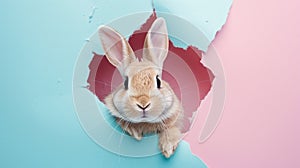 bunny looking up in pastel color paper side torn hole isolated. Generative Ai