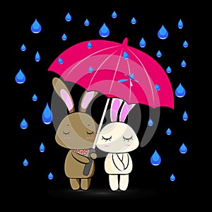 Bunny in love under pink umbrella in rainy season
