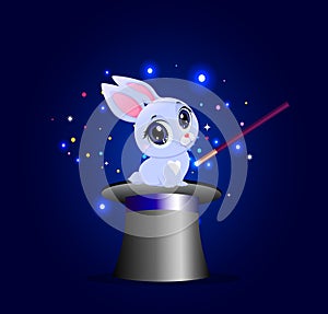 Bunny in magic hat with wand on blue background