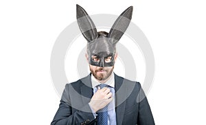 Bunny man in rabbit mask. Fetish. Businessman in sexy bdsm mask. Playboy. BDSM games