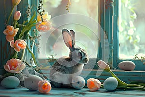 Bunny, painted Easter eggs and spring flowers, tulips near a vintage window, delicate muted pastel blue-turquoise color, concept