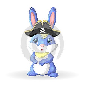 Bunny pirate, cartoon character of the game, wild animal rabbit in a bandana and a cocked hat with a skull, with an eye