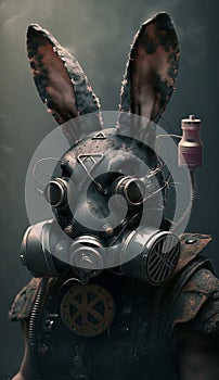 Bunny rabbit character in gasmask closeup. Created using ai generative.