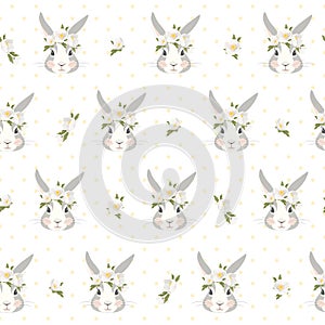 Bunny rabbit face floral wreath yellow polka dot seamless pattern