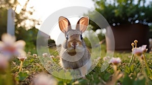 bunny rabbit in a grass field daisy flowers, blurred background