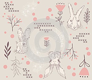 Bunny rabbit sketch and repeating pattern