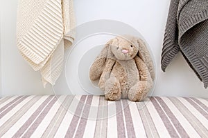 Bunny rabbit stuffed animal sitting on a shelf in a baby`s room