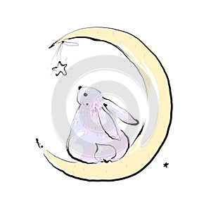 Bunny seating on the moon and watching star. Card with Cute bunny. Concept idea. Good night. Can be used for children