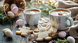 Bunny-shaped cookies and coffee on an Easter-themed caf stock photo