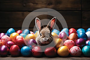 A bunny sits in colorful Easter eggs