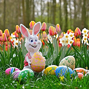 bunny sits among easter eggs in flowers