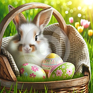Bunny Sitting in Basket With Easter Eggs