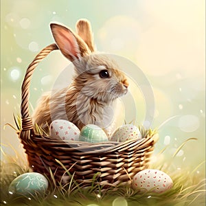 Bunny Sitting in Basket With Easter Eggs. Generative AI