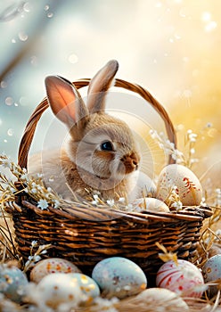 Bunny Sitting in Basket With Eggs. Generative AI