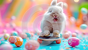 A bunny on a skateboard surrounded by colorful Easter eggs
