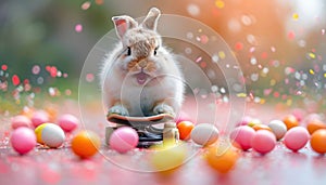 A bunny on a skateboard surrounded by colorful Easter eggs