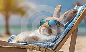 Bunny with sunglasses is relaxing in a sun lounger on the beach