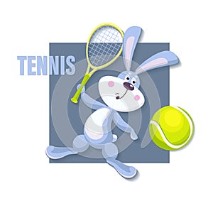 Bunny. Tennis player isolated. Vector rabbit with a racket and a tennis ball playing tennis.