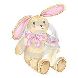 Bunny toy for girls. Vector illustration of cartoon Rabbit with a milk bottle. Watercolor drawing of cute hare. For baby