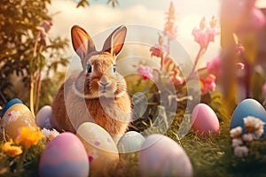 Bunny Utopia: Adorable Easter Rabbit in a Tranquil Landscape of Vibrant Eggs. Generative AI