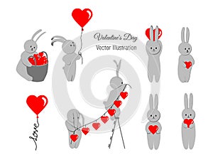 Bunny vector illustration set. Valentineâ€™s Day element. Character design banner cute animal with red hearts for Valentine day. D