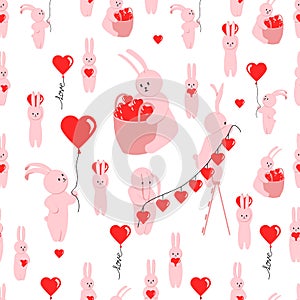 Bunny vector seamless pattern. Valentineâ€™s Day element. Character design cute animal with red hearts, love for Valentine day. Do