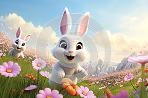 Bunnys surrounded by colorful flower in a joyful spring by Generative AI