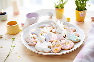 bunnyshaped cookies and easter eggs on a plate